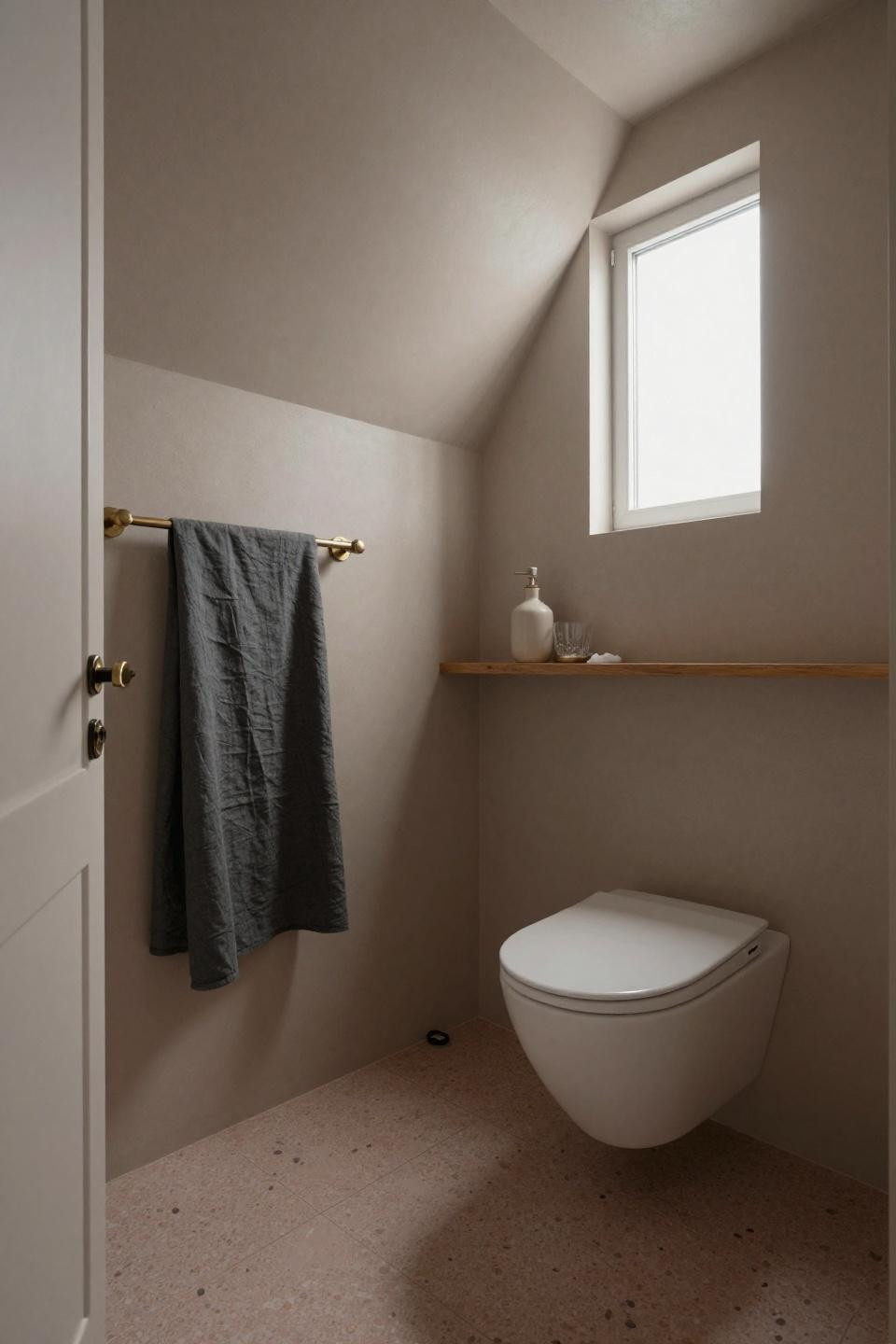 Small wc ideas with blush terrazzo floors and warm taupe plaster