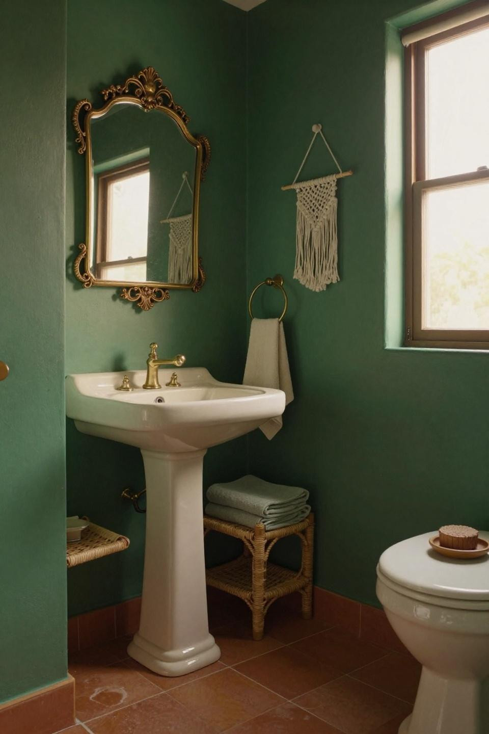Guest toilet ideas with rich emerald green walls and brass framed mirror