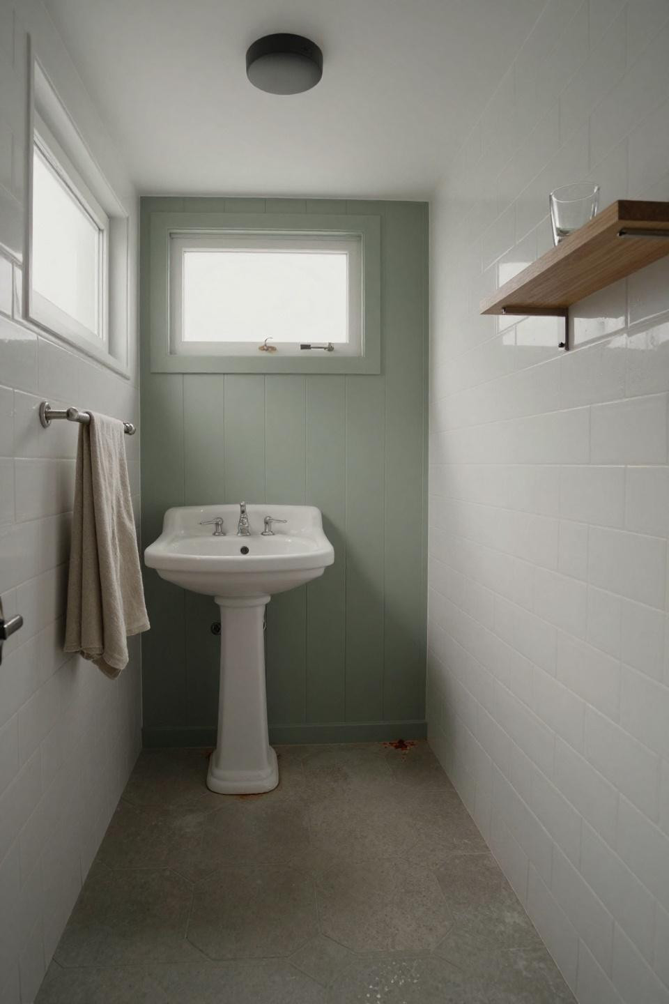 Tiny bathroom ideas with sage green paneling and white subway tile