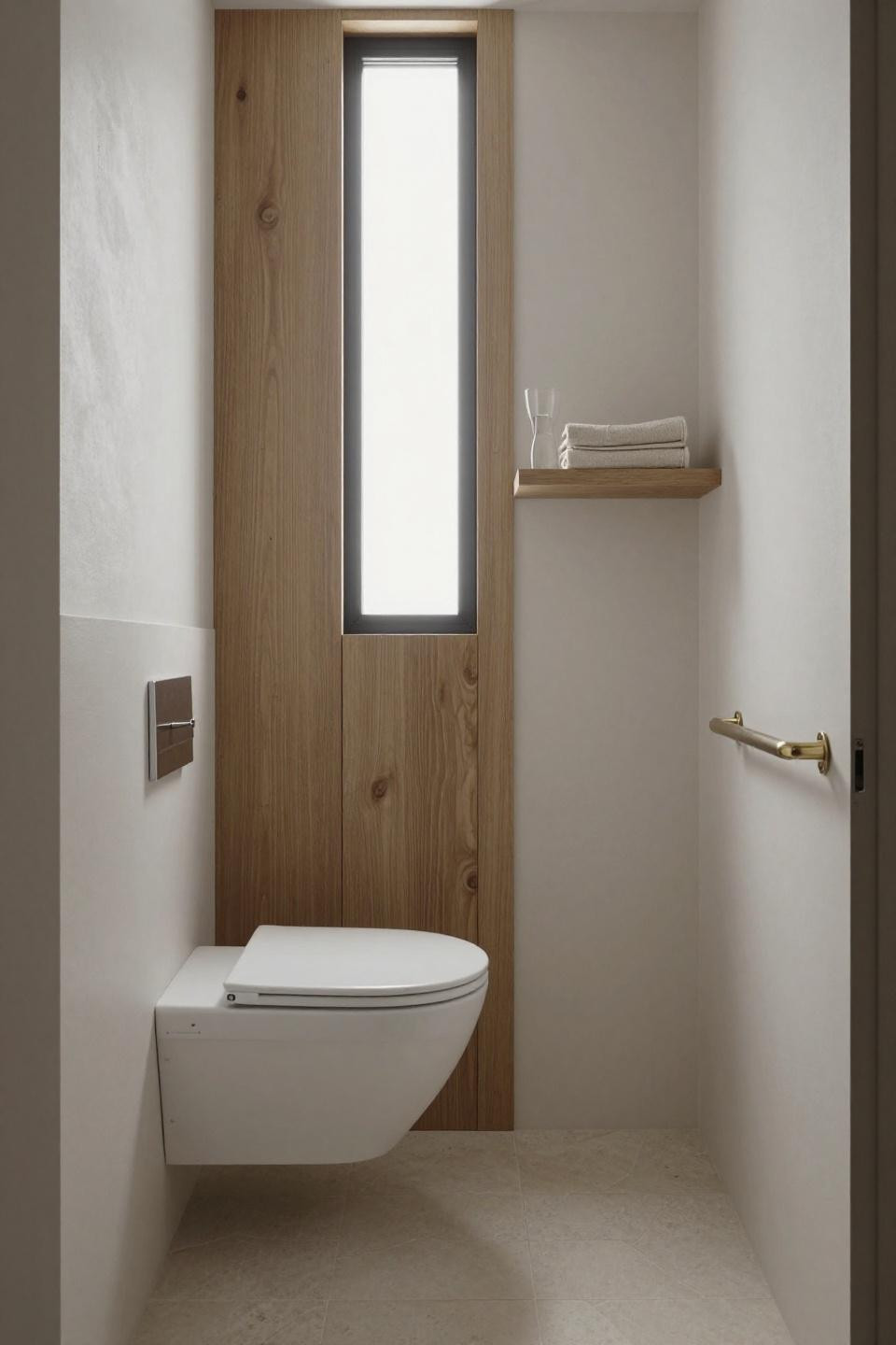 Narrow toilet room ideas with Japandi ash wood panel and limestone hexagons