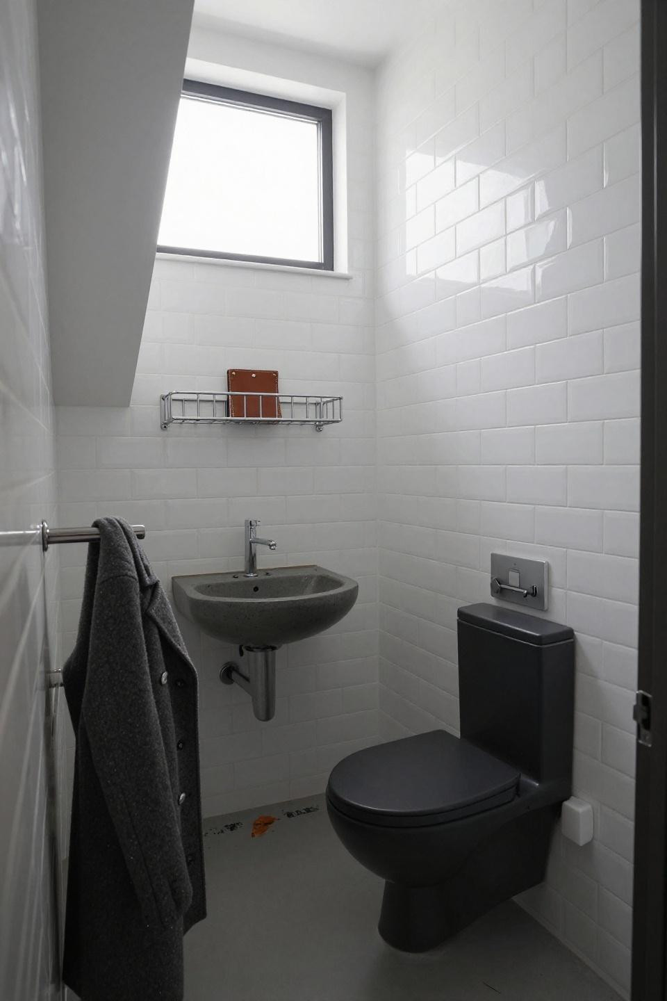 Small downstairs toilet ideas with white subway tile under stairs