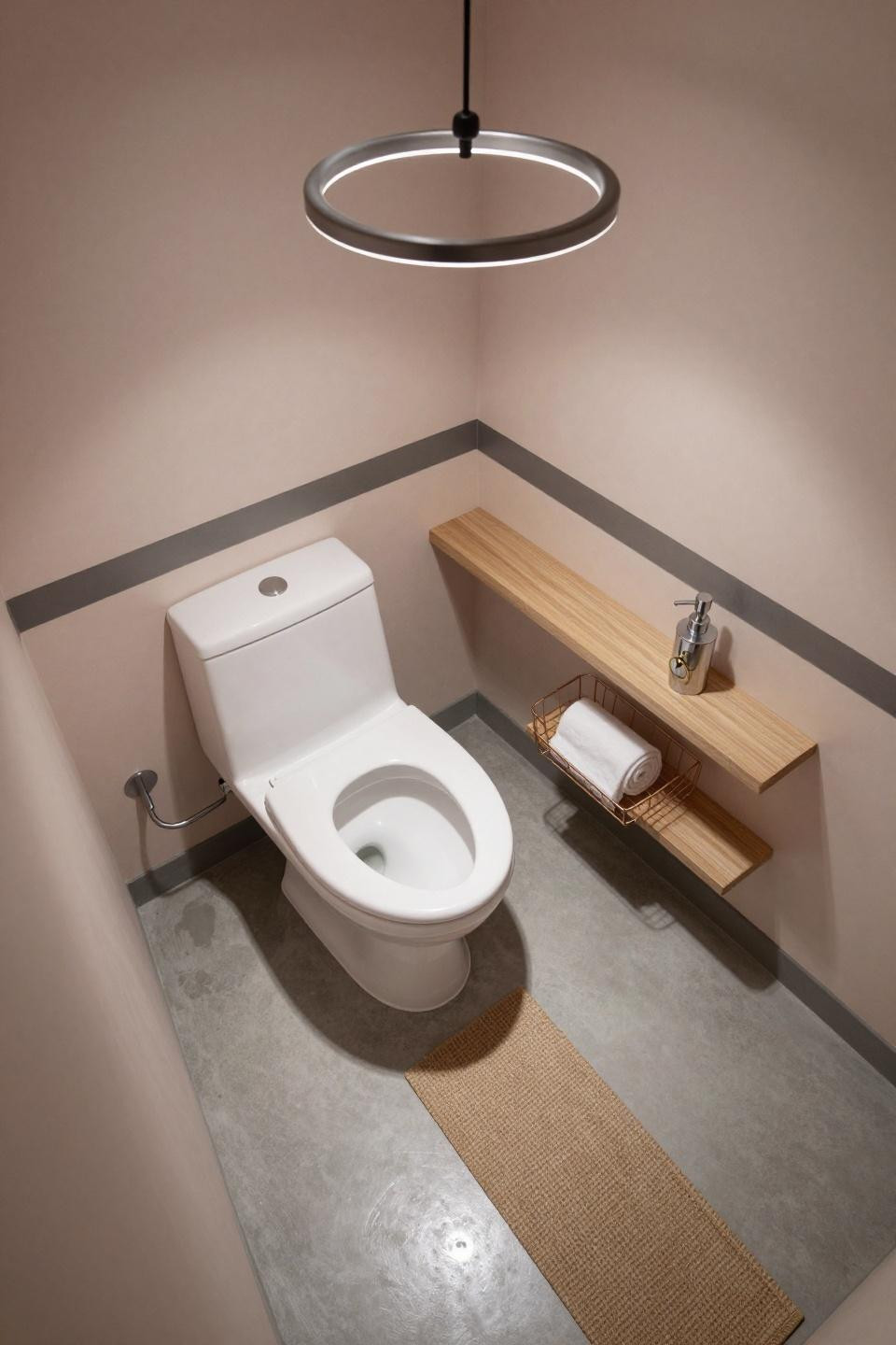 Tiny toilet ideas featuring pale blush limewash and horizontal charcoal stripe