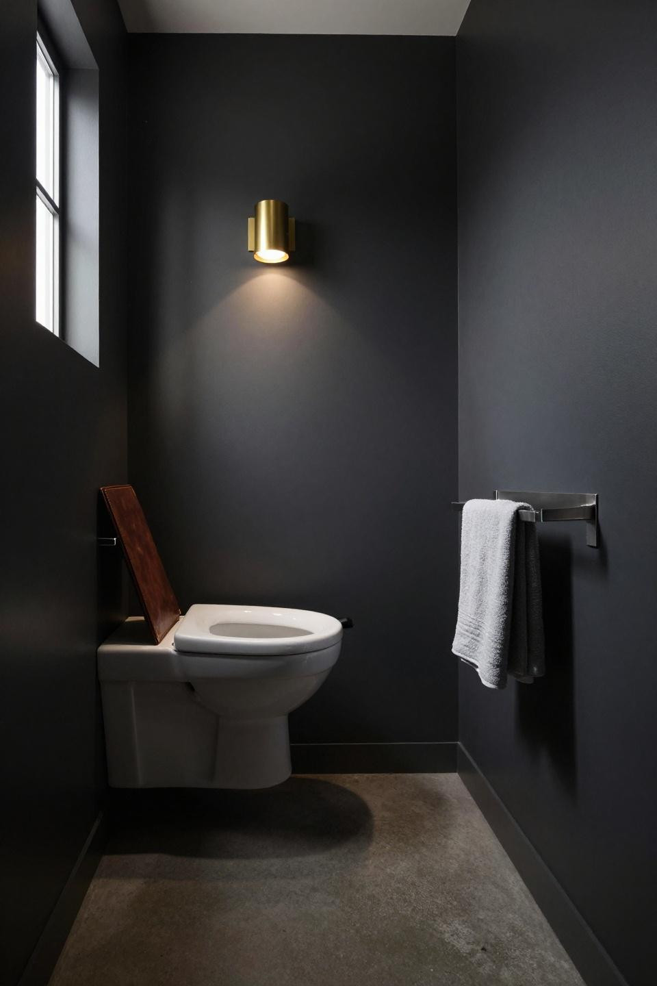 Toilet room design with deep charcoal matte walls and brass bar sconce