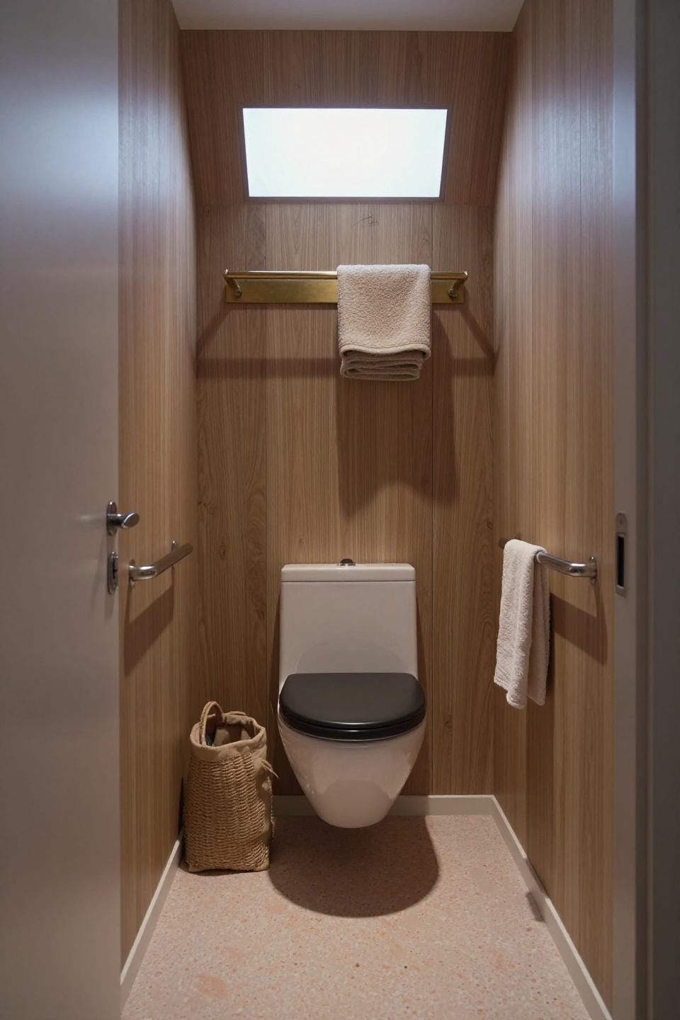 Small wc ideas with vertical fluted oak paneling and blush terrazzo floor