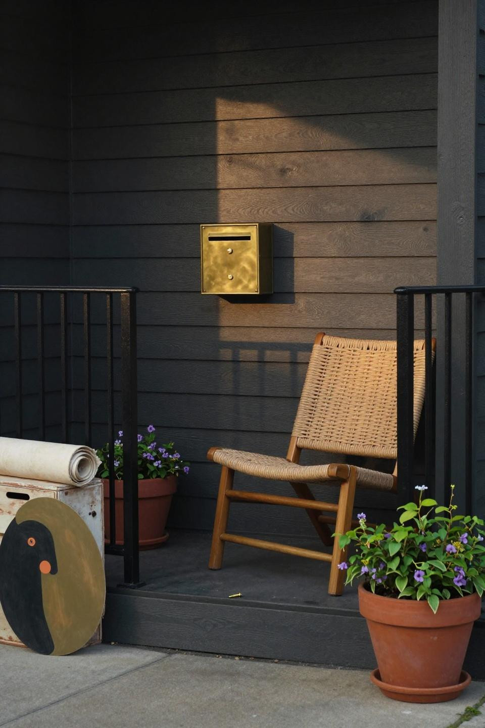 Compact front stoop with charcoal horizontal siding