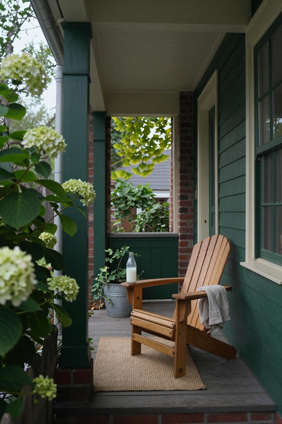 Cottage porch ideas with green pillars and pine chair