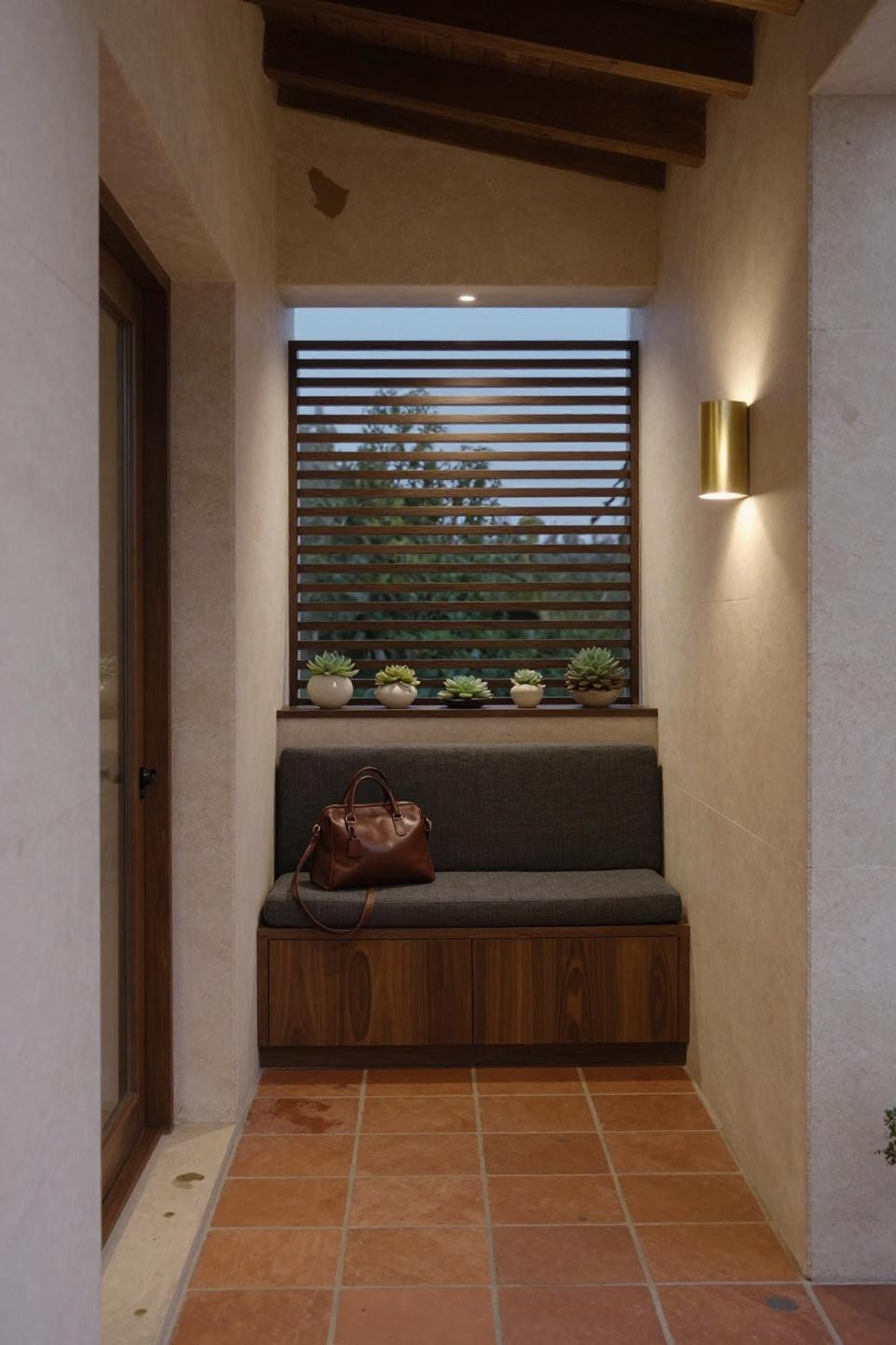 Front porch design with clay tile floor and walnut bench