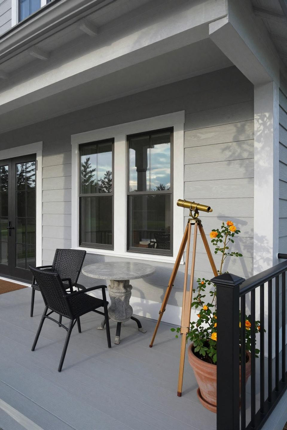 Back porch ideas with wraparound grey siding and woven chairs