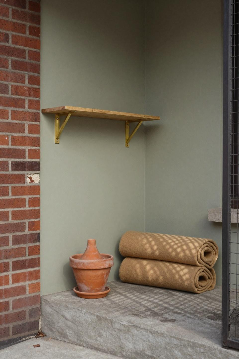 Narrow front porch ideas with sage walls and brass brackets