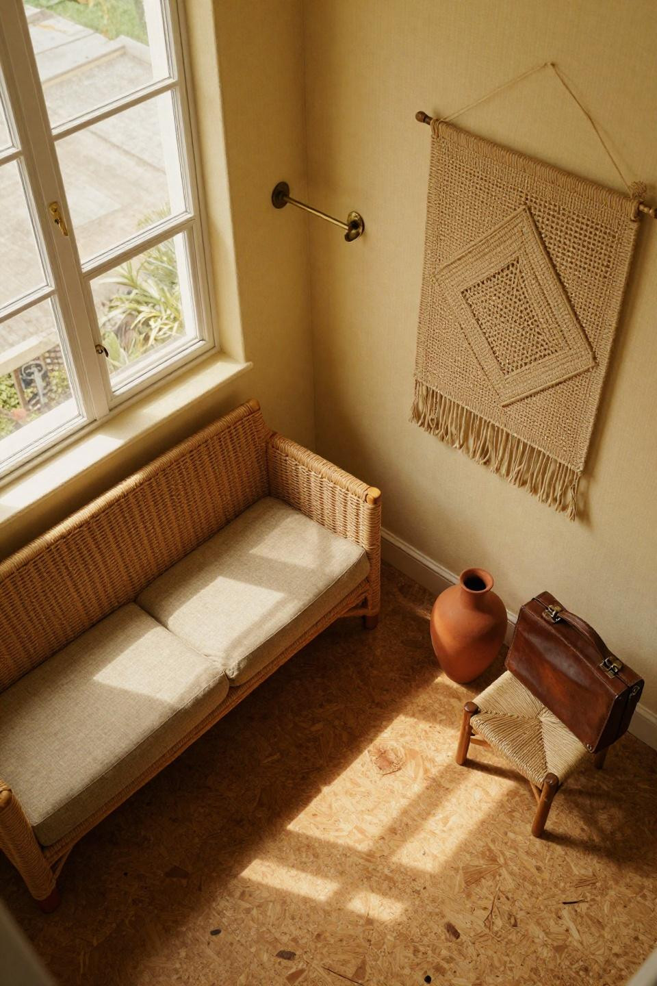 Front porch decorating ideas with cork flooring and wicker settee