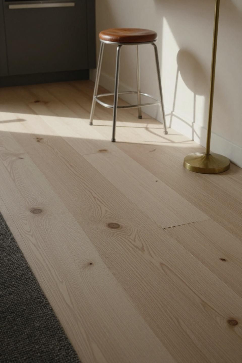 White oak hardwood floors in kitchen with morning raking light