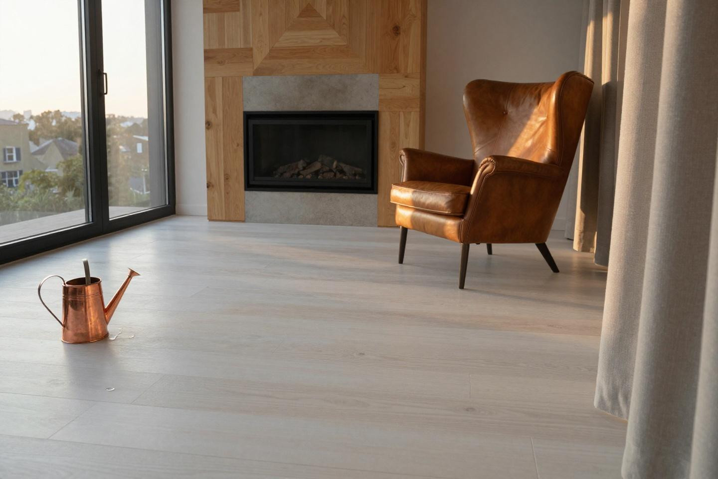 White oak floors living room in sunken layout with golden hour light