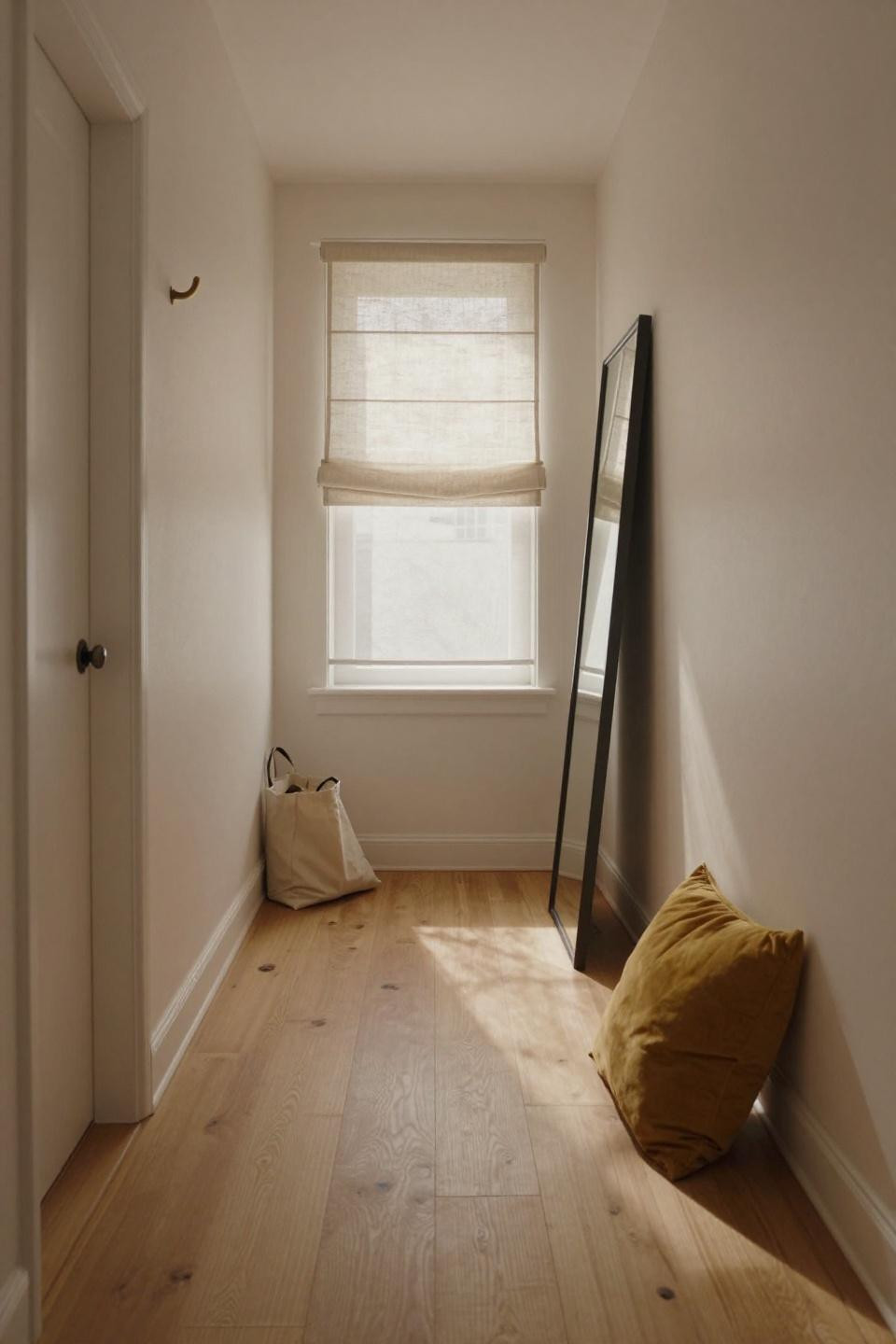 Light oak floors living room in Scandinavian entry with soft morning light