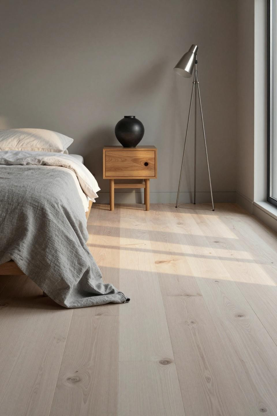 Warm wood flooring in contemporary bedroom with golden hour light
