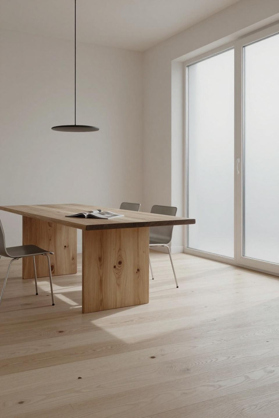 Light wood flooring ideas in Scandinavian dining room with minimalist pendant