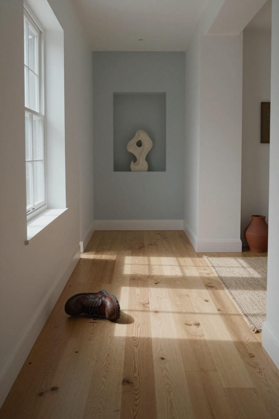 Light oak flooring in transitional hallway with dramatic window light