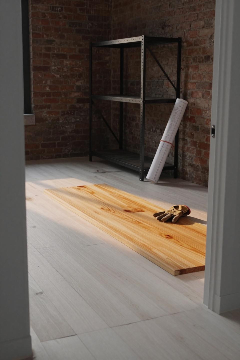 Warm wood flooring in industrial loft with exposed brick and white oak