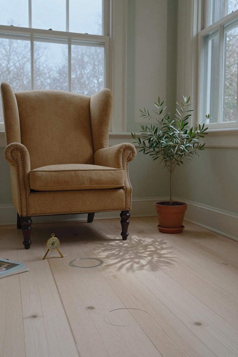 White oak lvp flooring in transitional colonial sunroom with bay windows