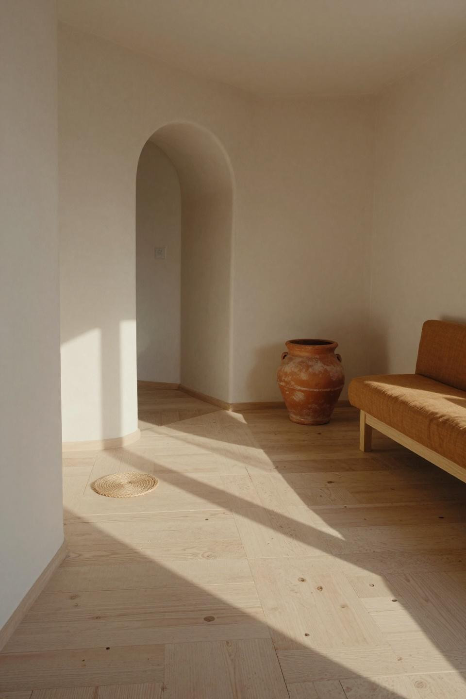 White oak floors living room in Mediterranean villa with terracotta accents