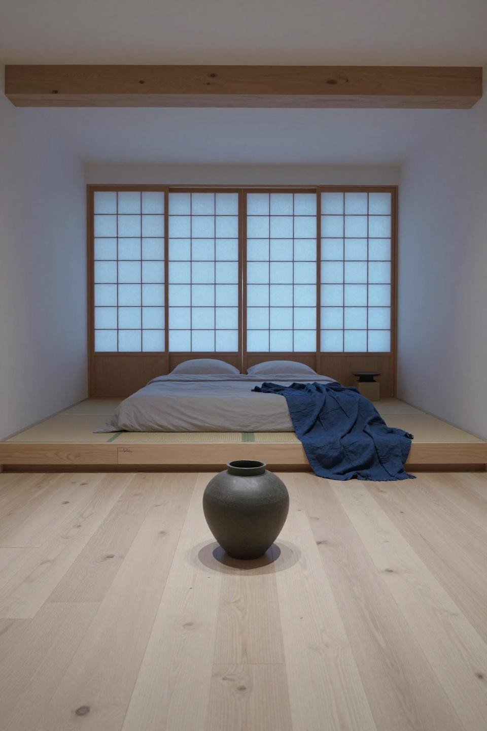 White oak floors kitchen in Japandi bedroom with rice paper screens