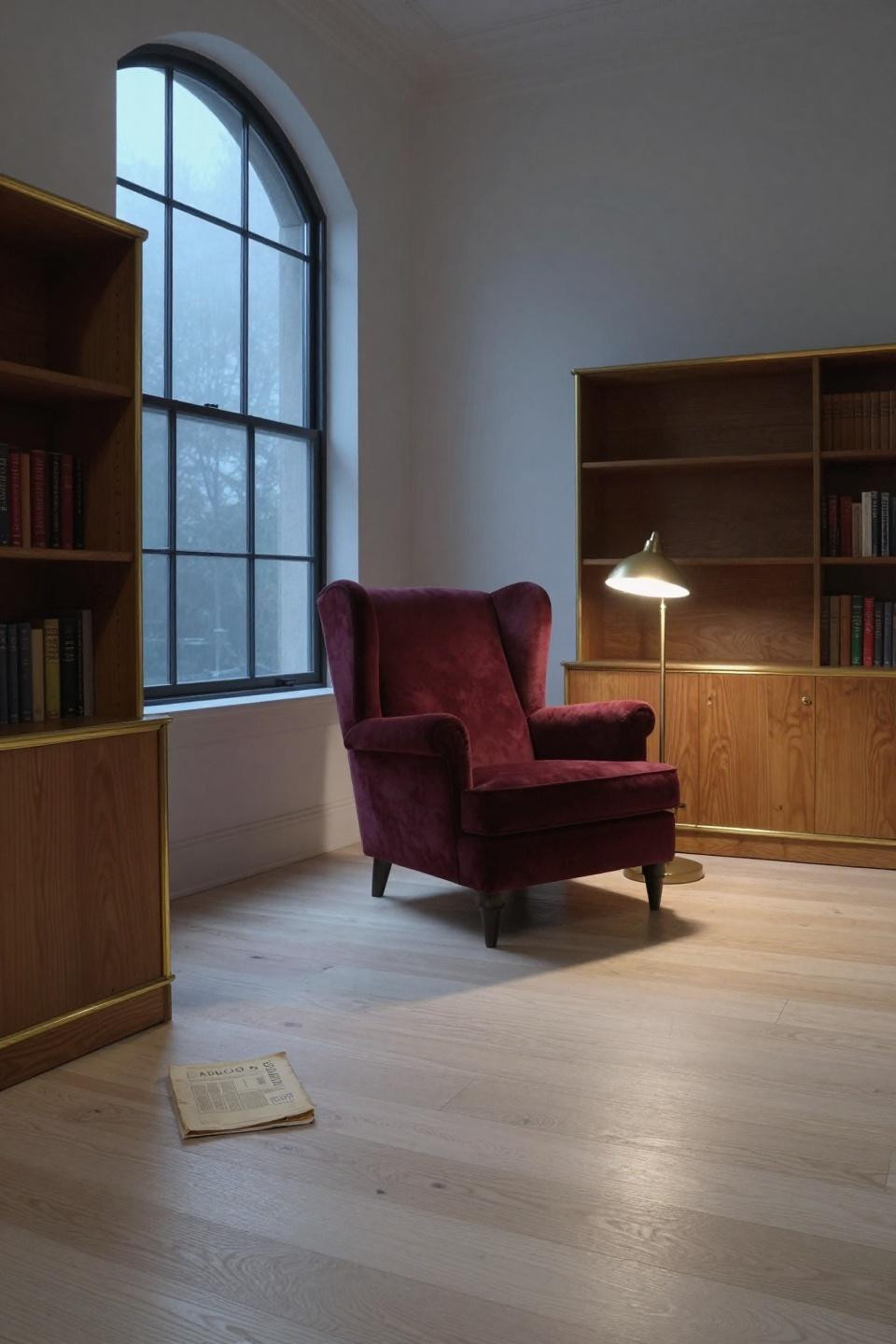 Light oak floors living room in art deco library with brass trim