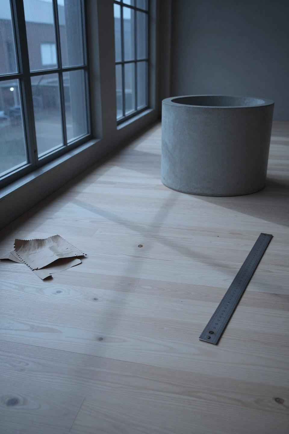 Light oak flooring in industrial loft with horizontal raking light