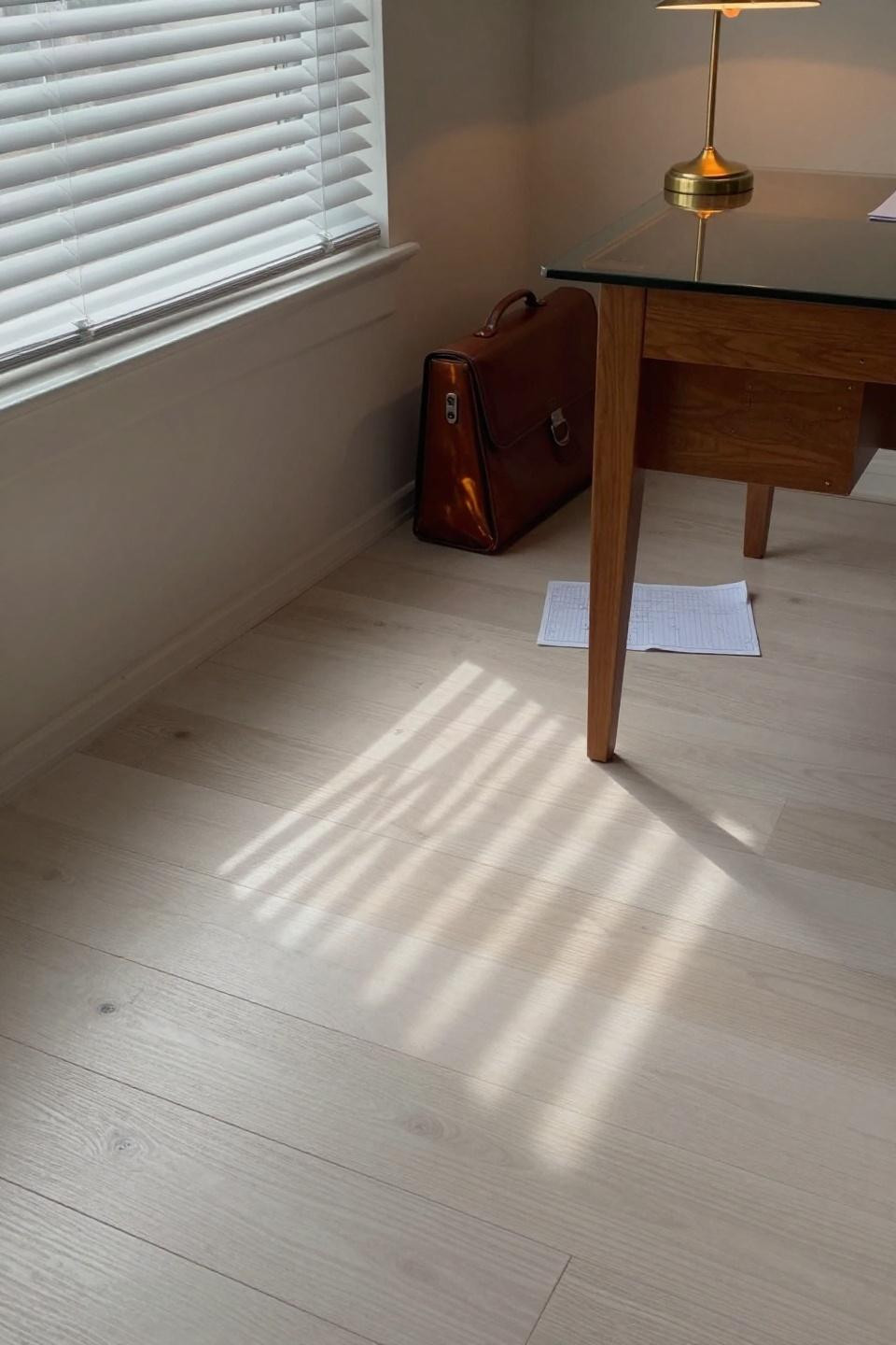 White oak hardwood floors in 1980s home office with directional light creating shadow patterns