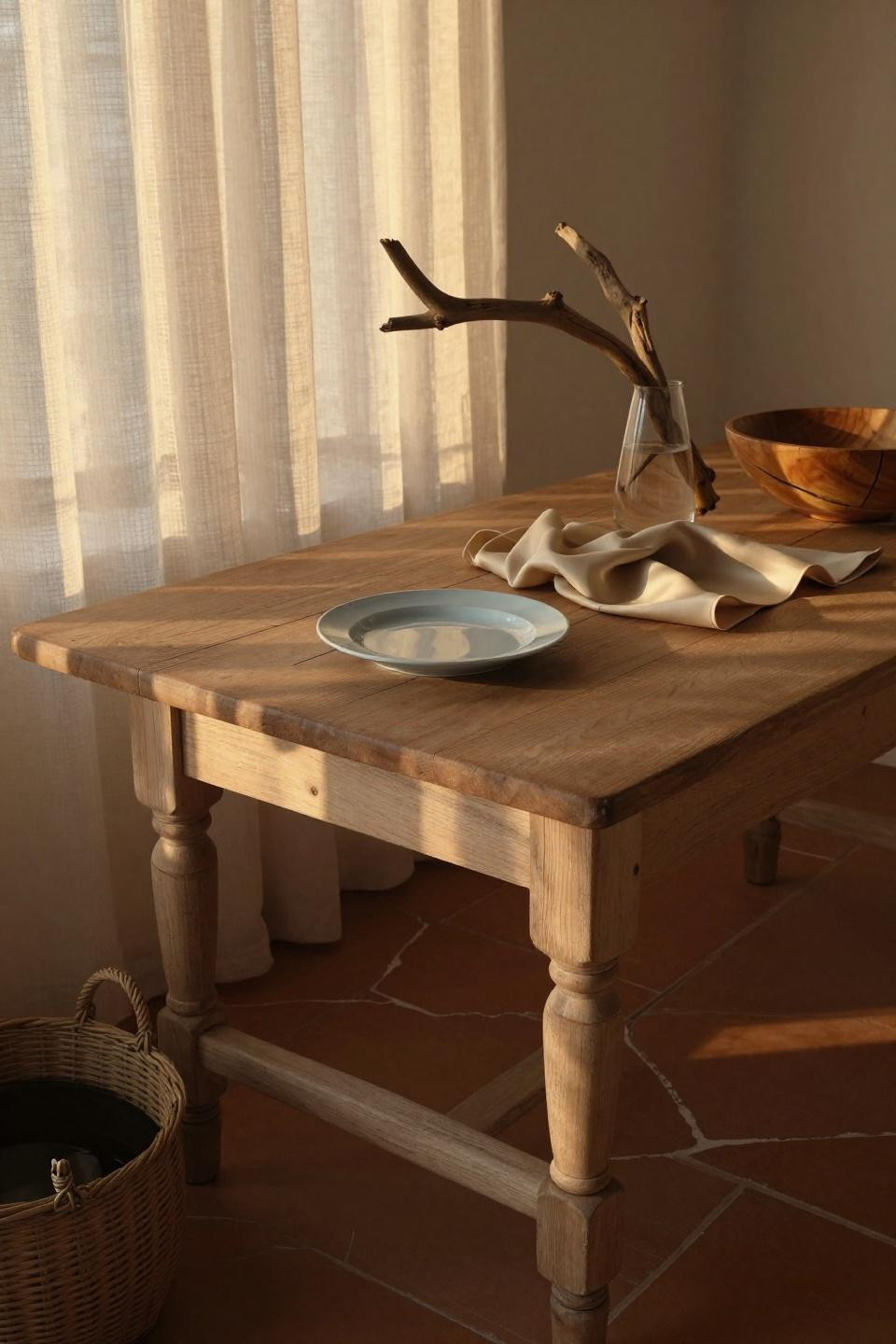 Simple dining table with bleached oak and turned legs