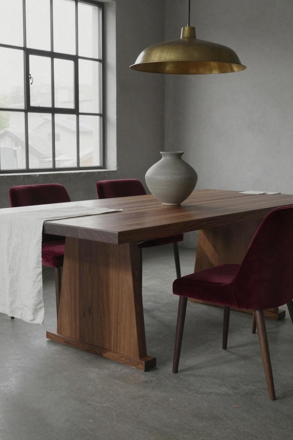 Light wood dining table with architectural pedestal base