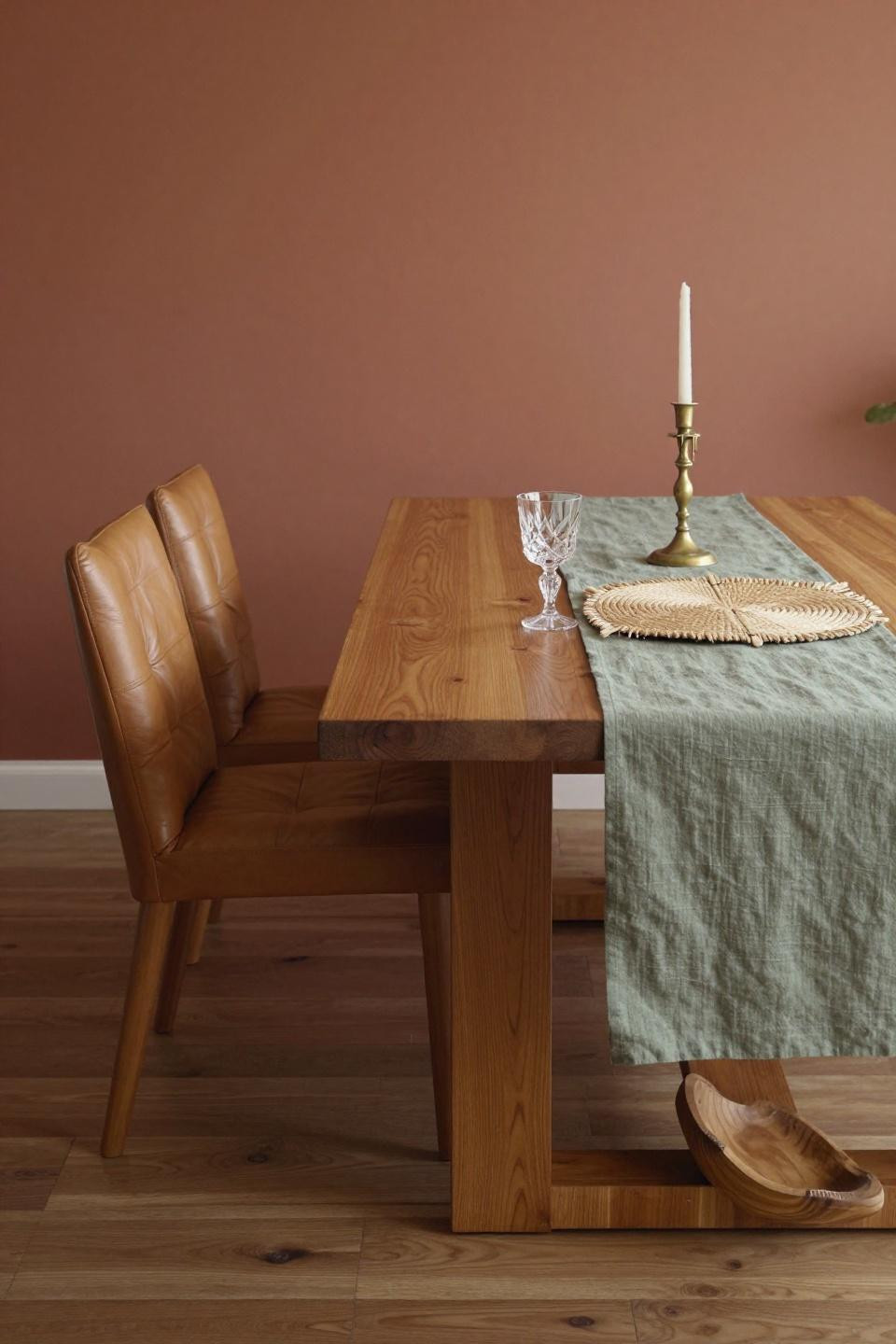 Dining table styling with book-matched honey oak veneer