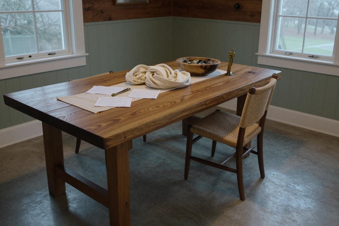 Natural wood dining table showing prominent growth rings