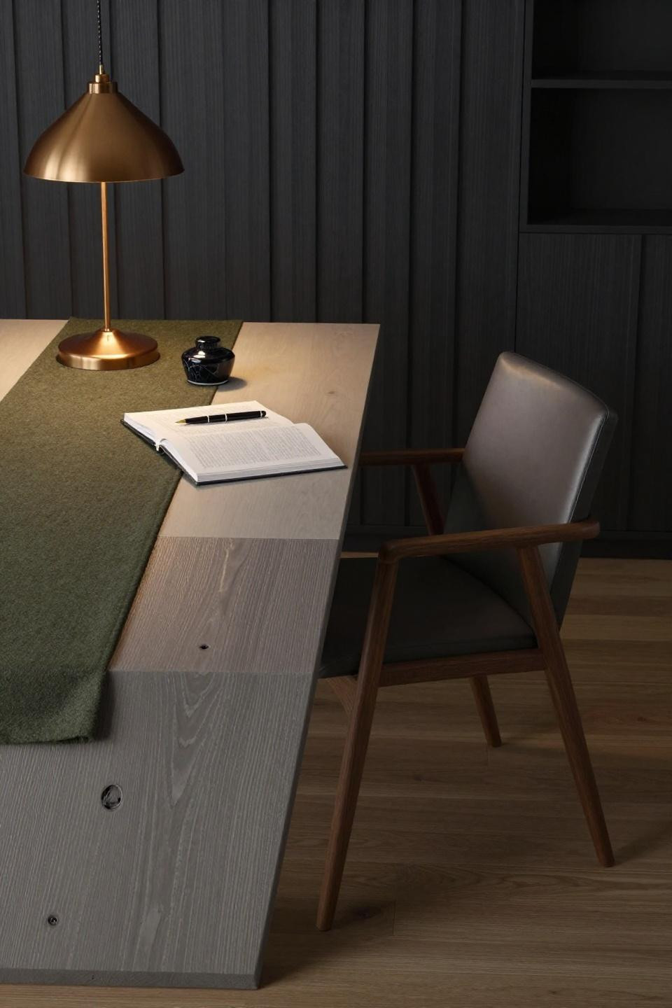 Wooden dining room table with grey-limed oak finish