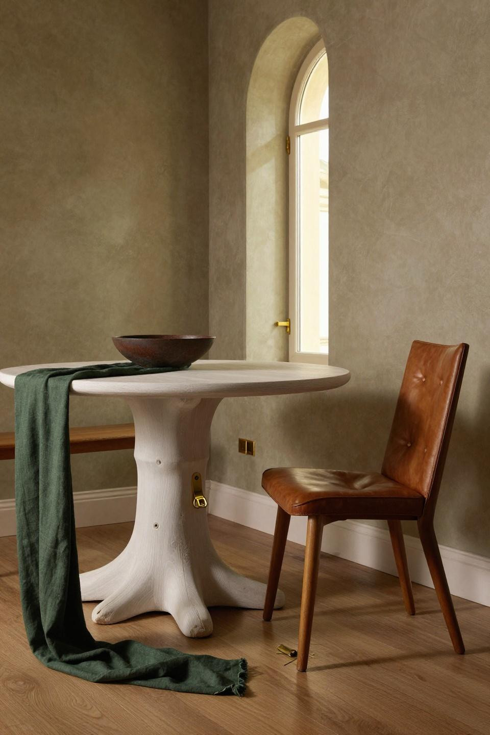Natural wood dining table with whitewashed oak pedestal base