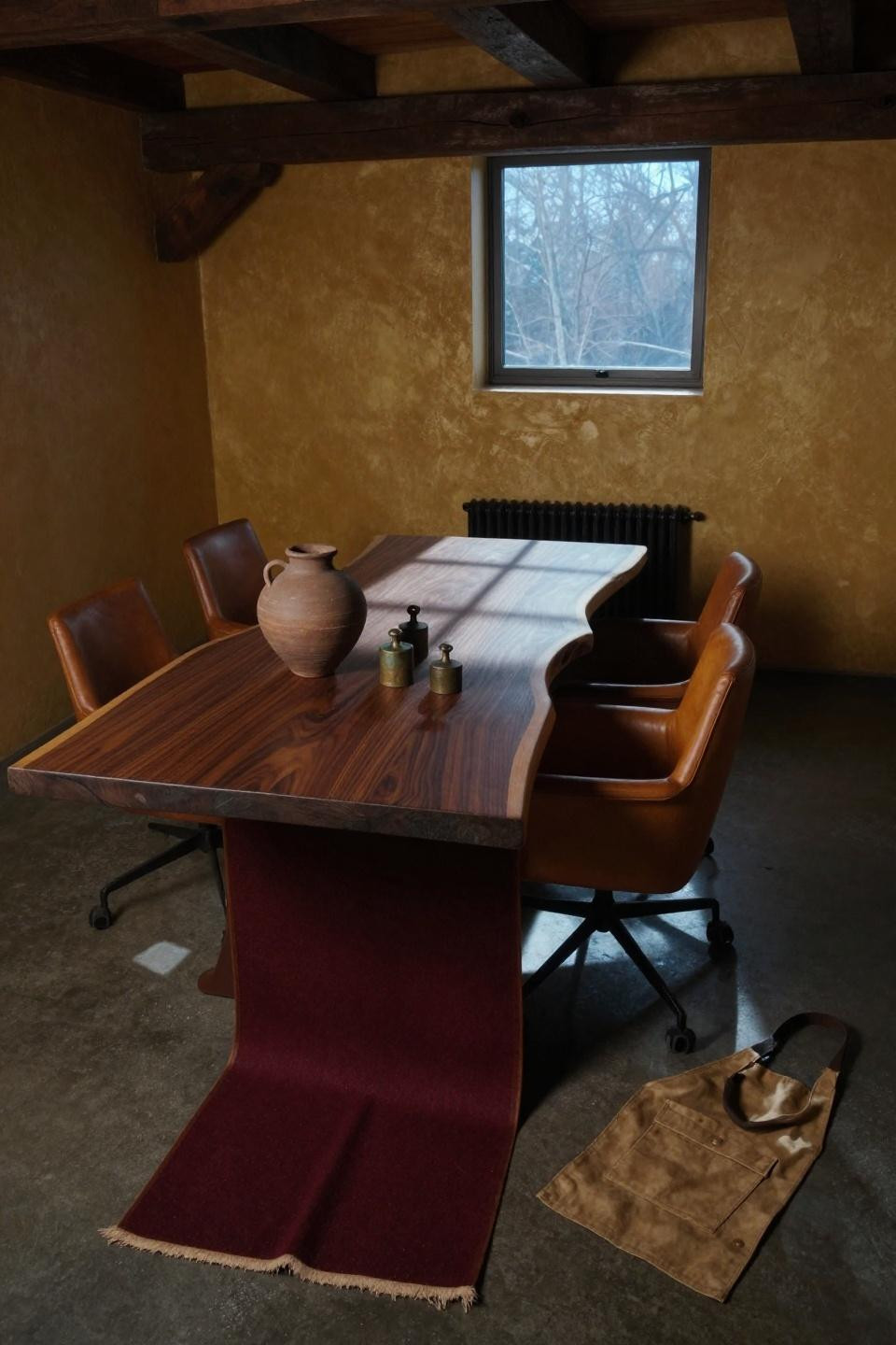 Oak dining table with dark walnut live edge under timber beam ceiling