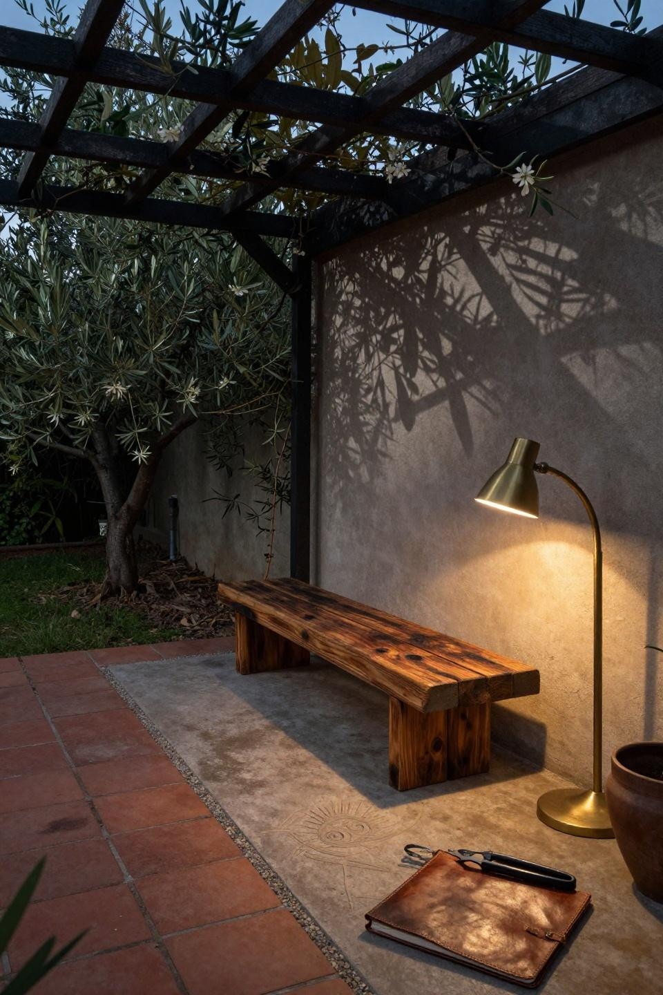 Backyard inspiration featuring charred cedar bench and embedded stone concrete surface