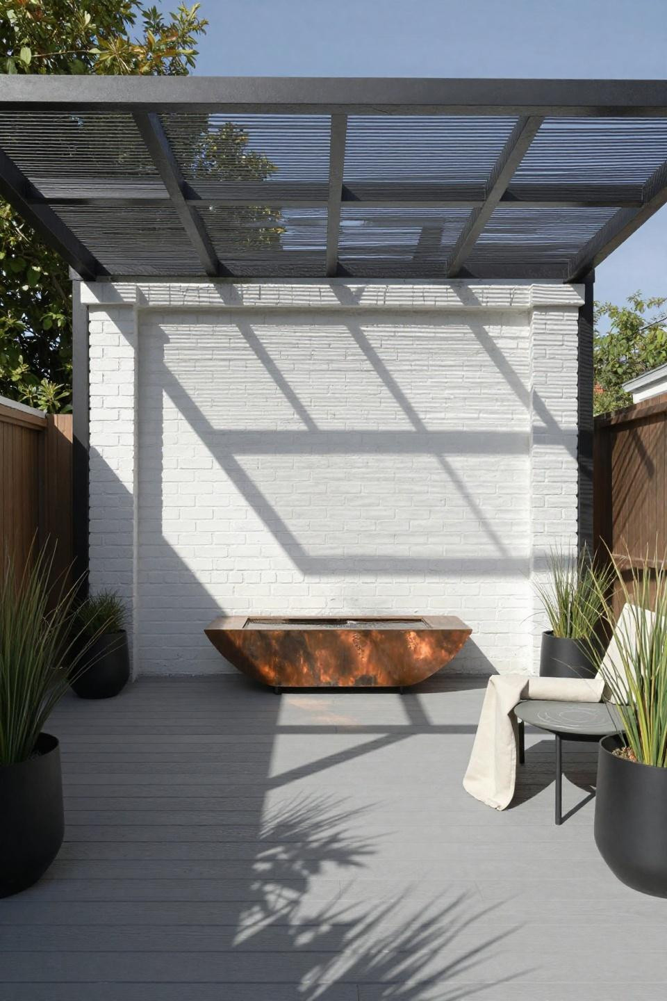 Backyard inspiration with white painted brick and geometric metal mesh pergola