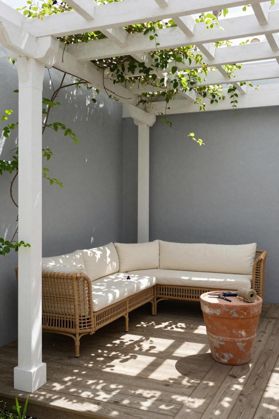 Backyard inspiration with white painted timber pergola and woven rattan seating