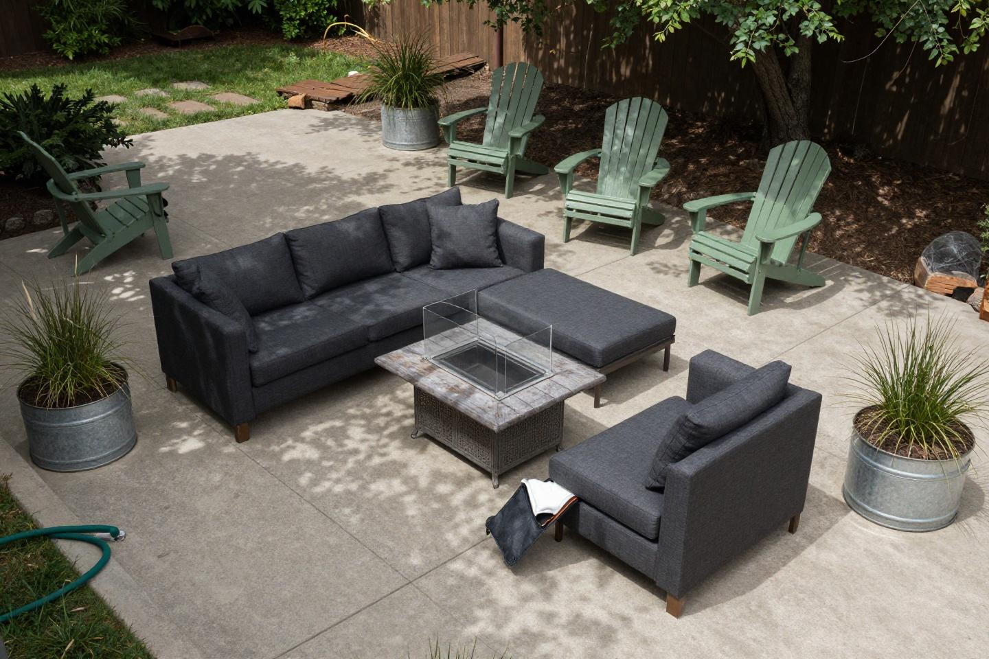 Backyard inspiration featuring stamped concrete and weathered metal fire table