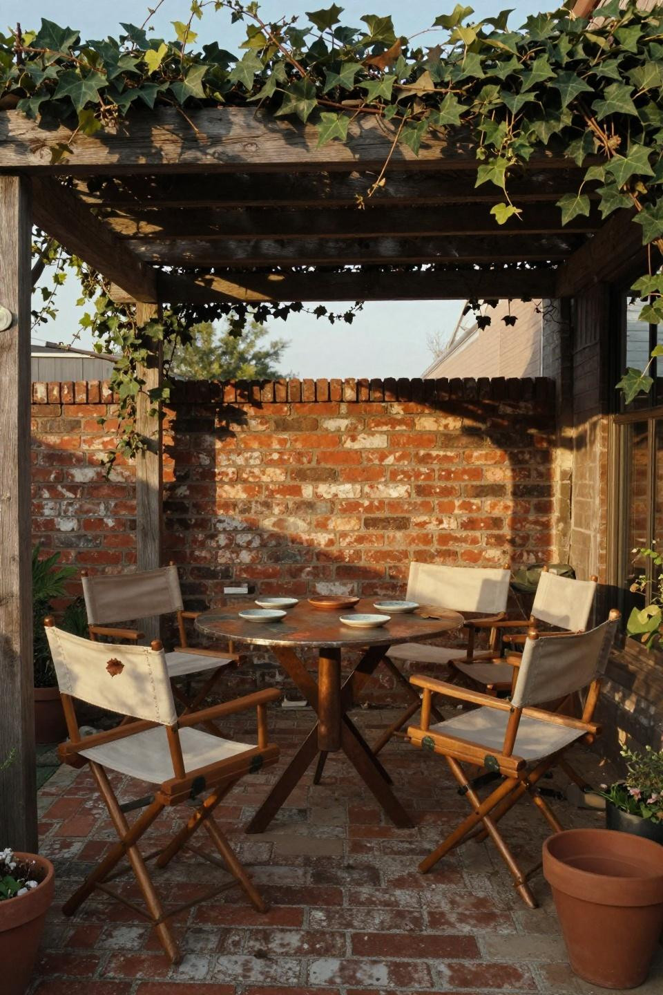 Backyard inspiration featuring reclaimed brick running bond pattern and Boston ivy