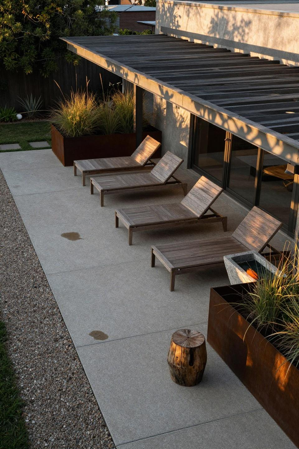 Backyard inspiration with exposed aggregate concrete and angular pergola