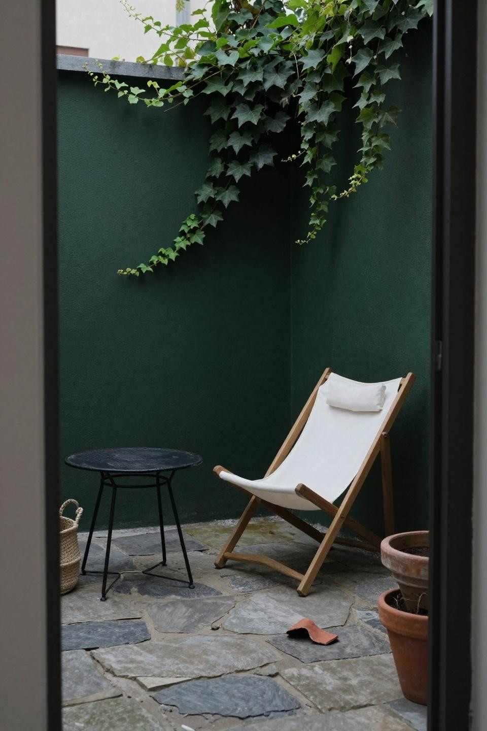 Backyard inspiration featuring irregular flagstone and blackened steel bistro set