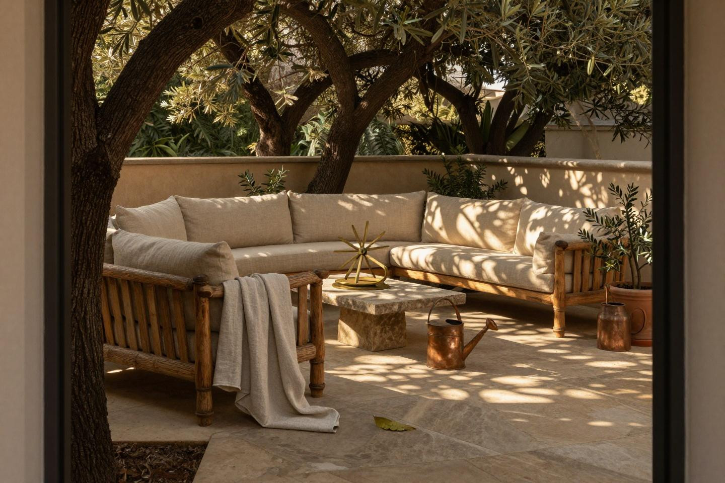 Backyard inspiration with tumbled limestone and natural linen upholstery