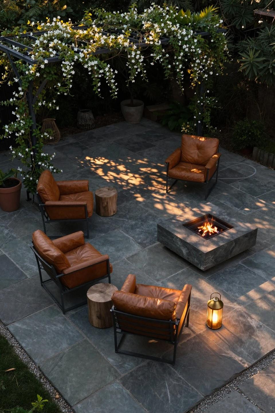 Back patio ideas on a budget using slate flagstone and jasmine vine trellising