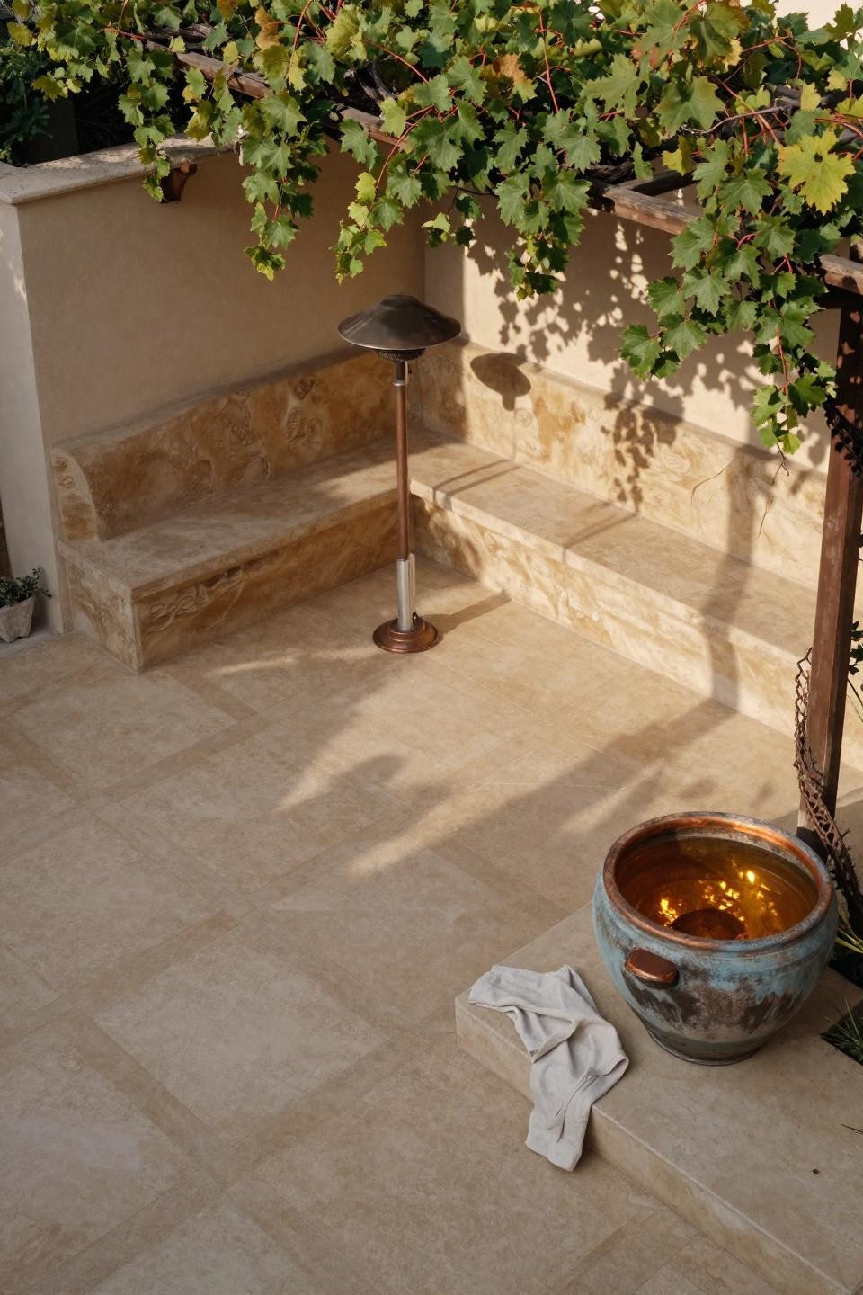 Outdoor living space with geometric Mediterranean sand-tone pavers and sculptural seating