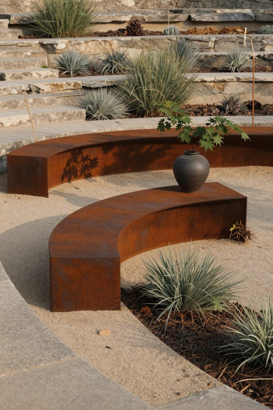 Backyard design ideas with curved corten steel and tiered gravel landscaping