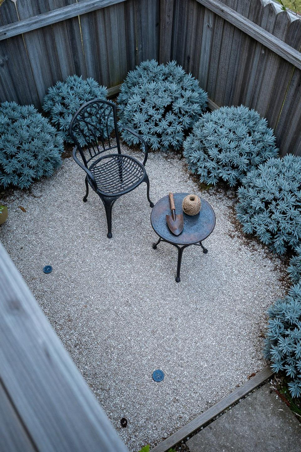 Backyard ideas on a budget featuring pale crushed stone and vintage furniture