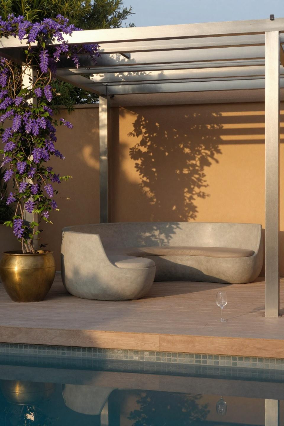 Outside patio ideas with elevated composite deck and sculptural concrete furniture