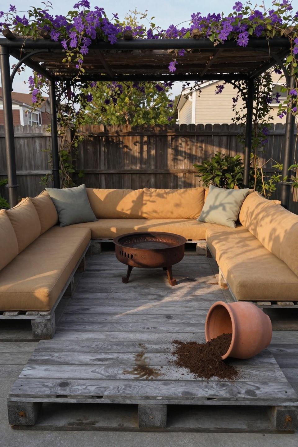 Cozy backyard ideas using salvaged shipping pallet flooring with modular seating
