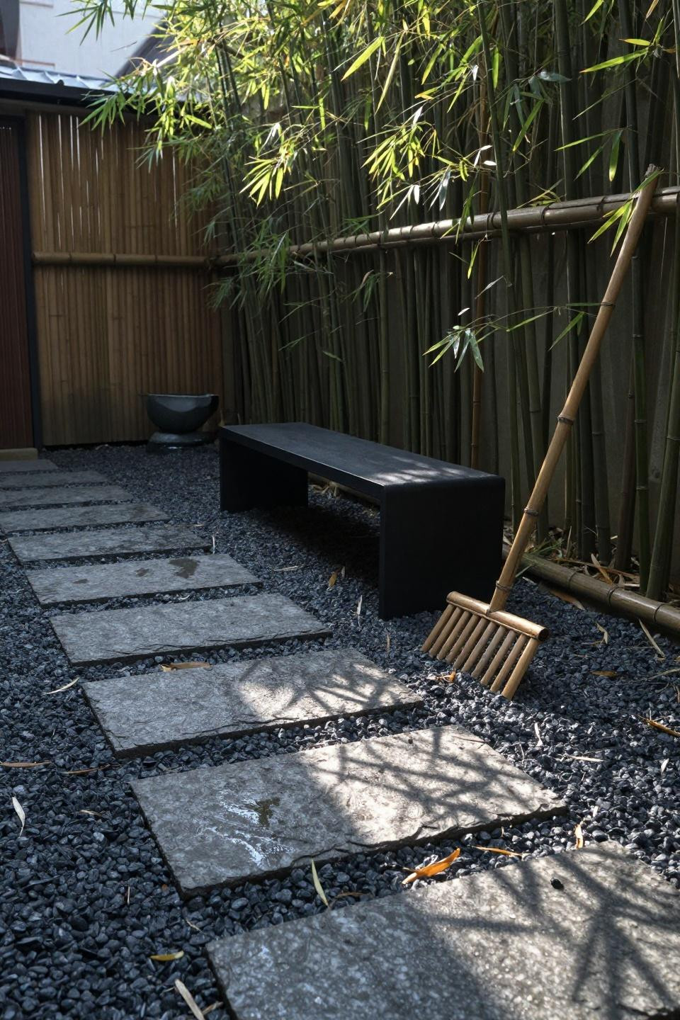 Backyard patio ideas featuring Japanese courtyard with weathered grey stepping stones and bamboo screen