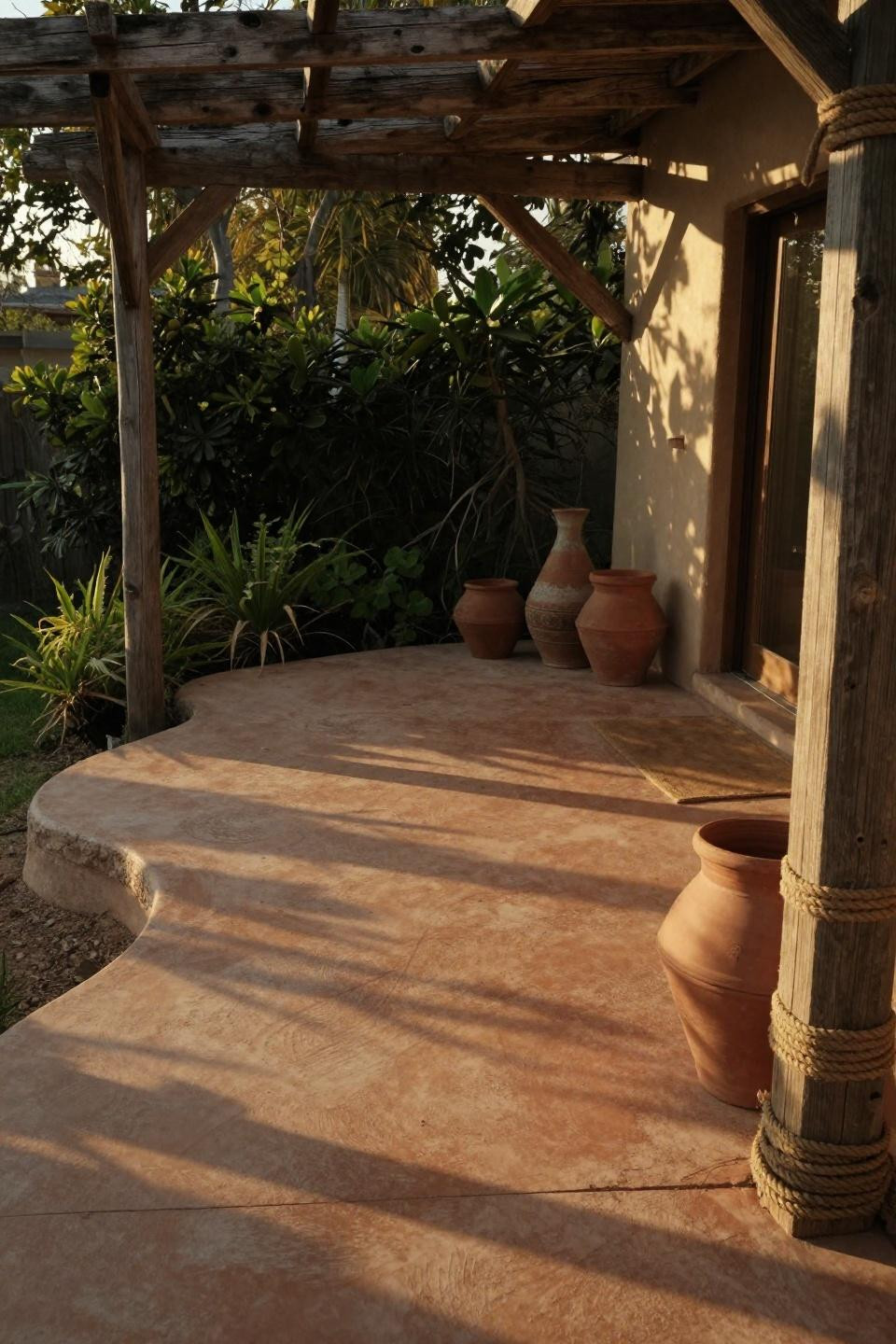 Modern stamped concrete patio with organic curved edge and rustic pergola